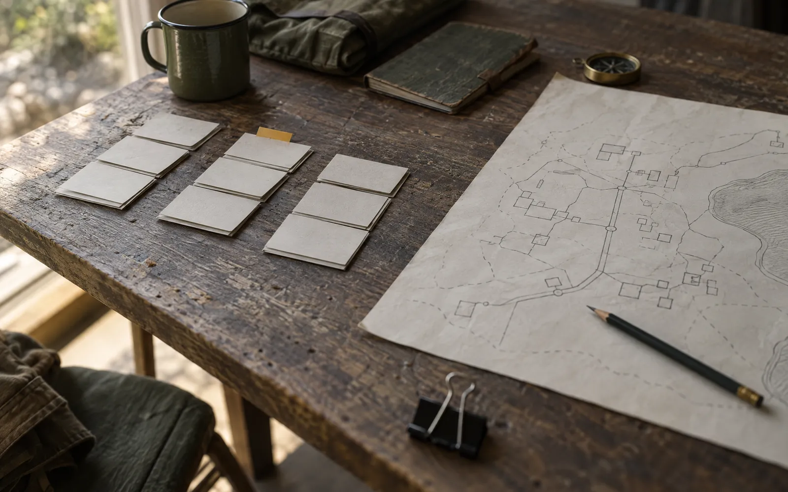 Evidence cards and site planning sheets on a search research desk