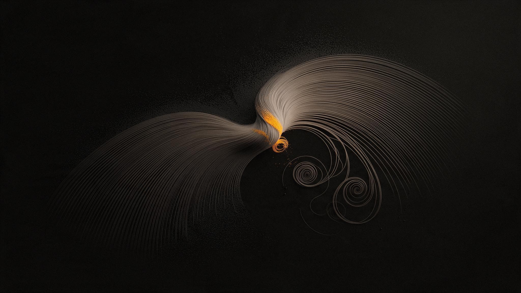 Two fans of fine grey curved lines pinched together at the middle with a small orange glow, and spiral curls below