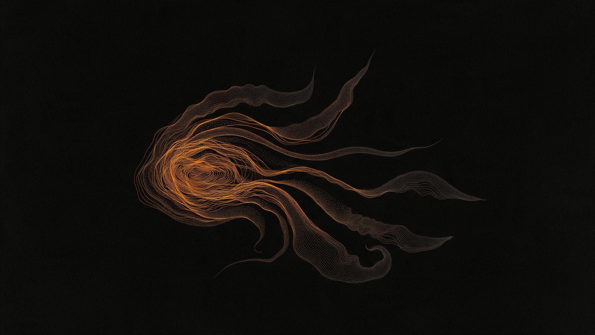 Fine orange lines and dots on black form a dense swirl at left, with several ribbon-like strands trailing off to the right.