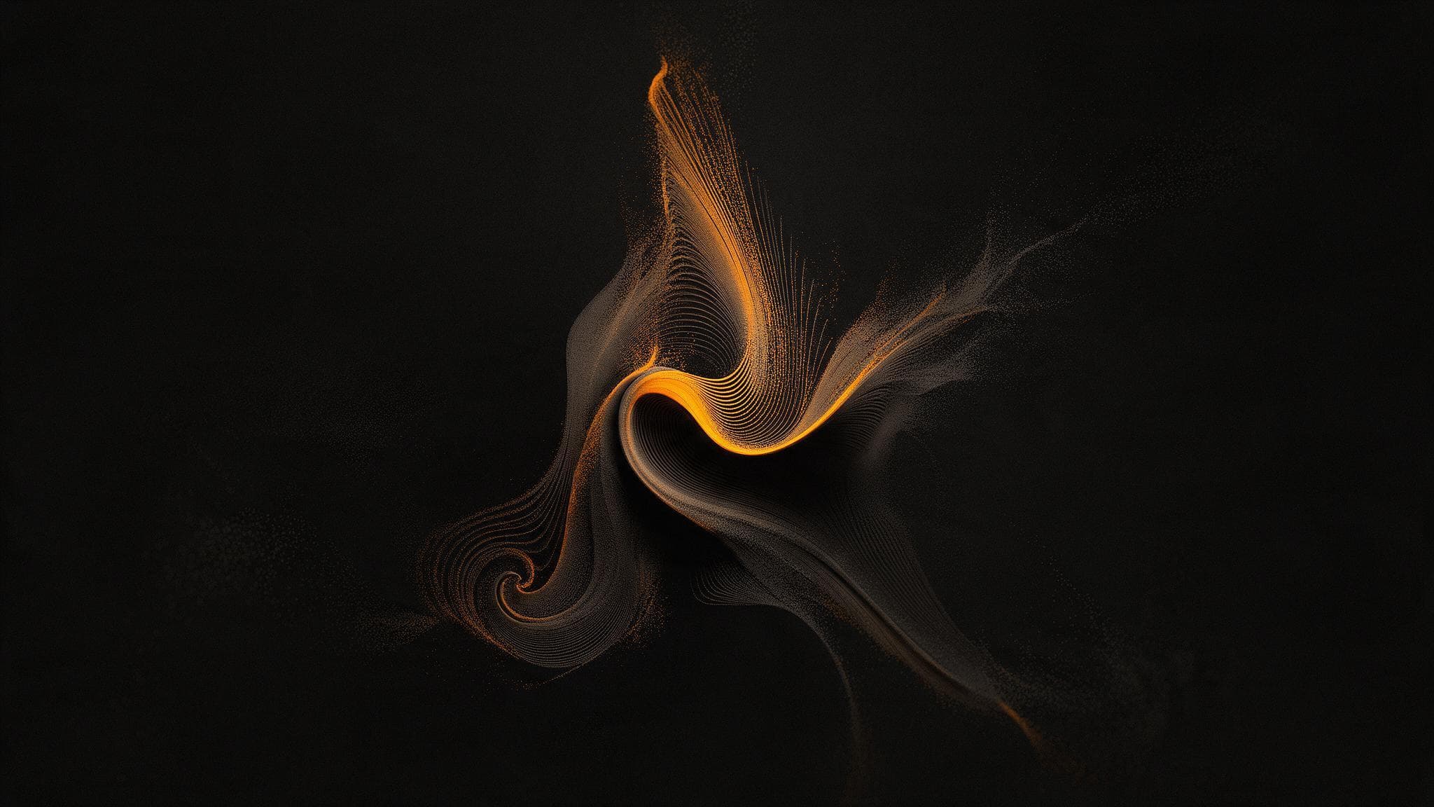Swirling ribbon of fine lines with a glowing orange edge, curling like a flame, with brown dust trailing off, on black