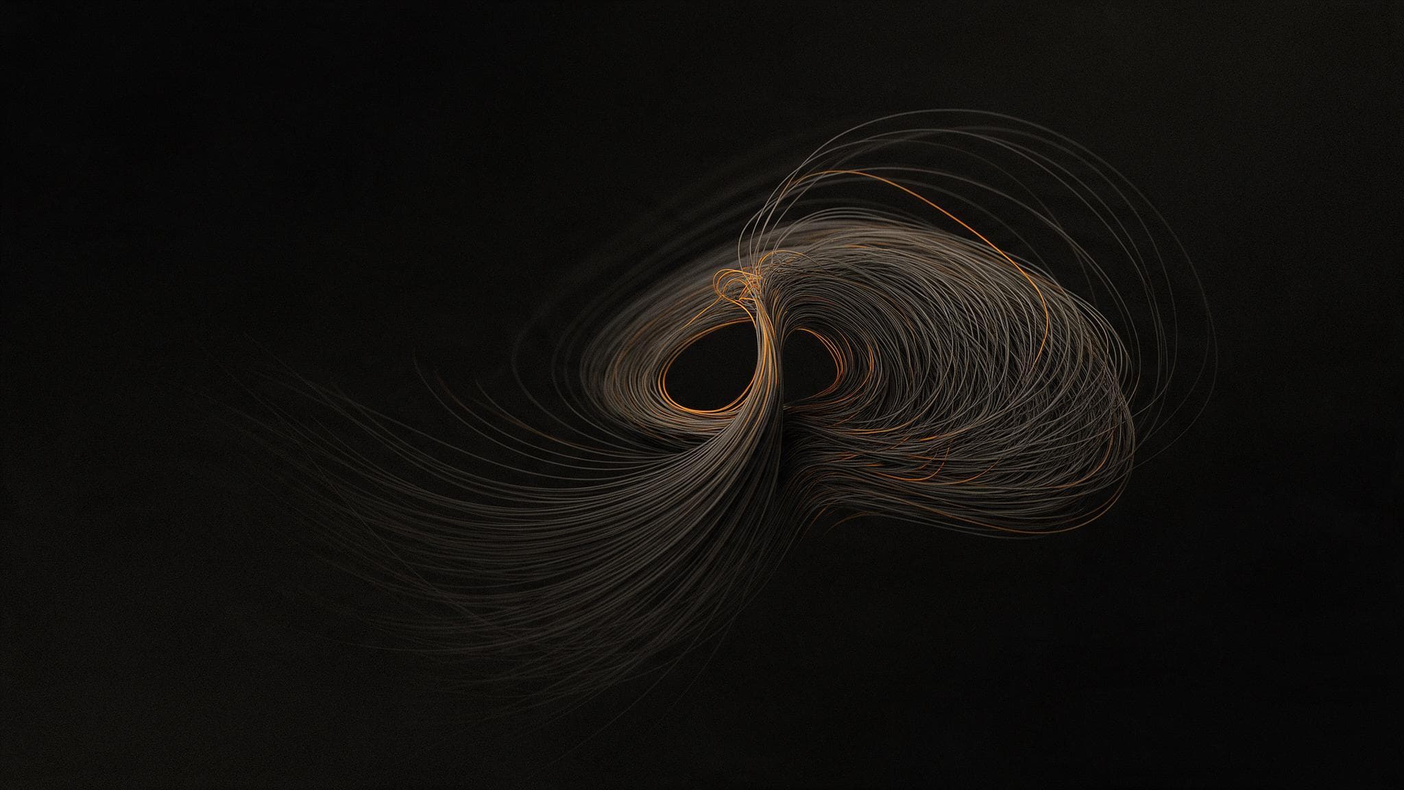 Thousands of fine gray and a few orange threads swirl into a looping, figure-eight-like knot against a black background.
