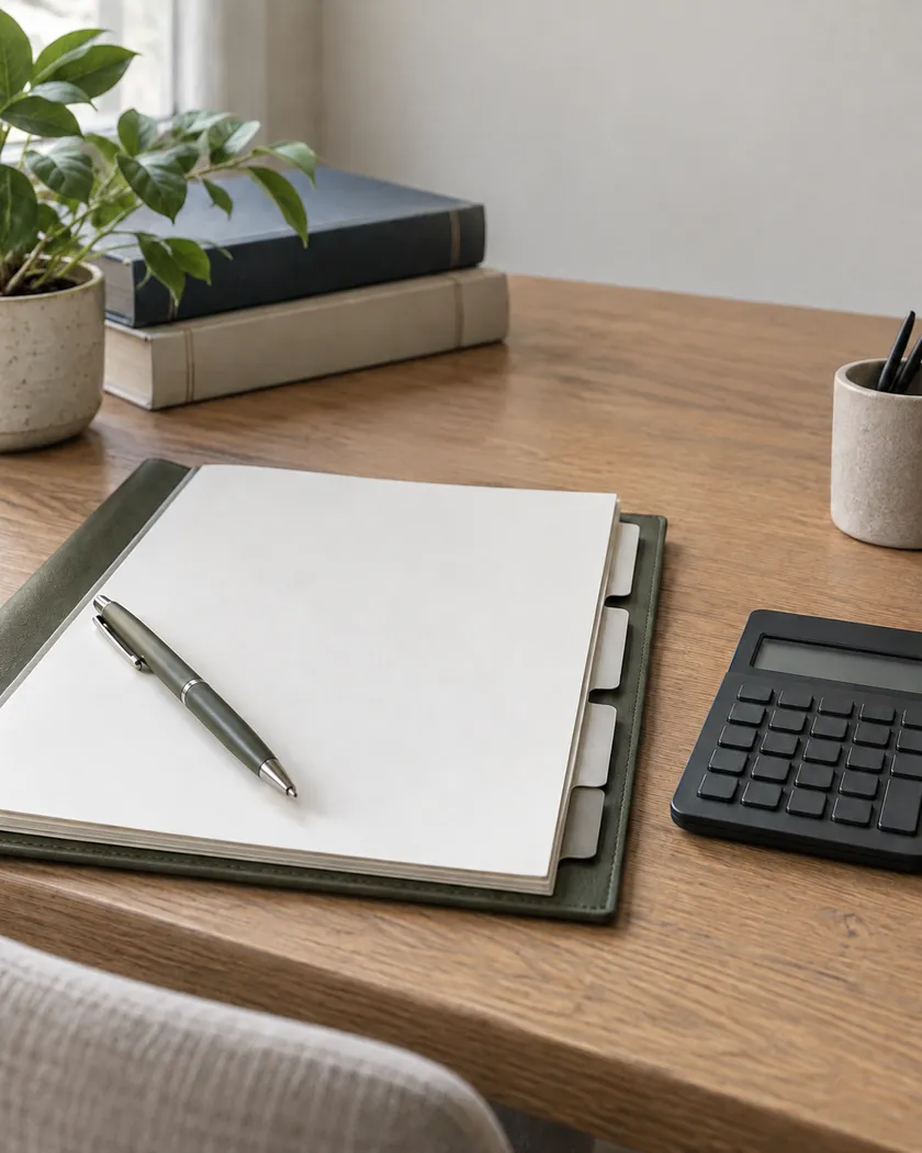 A neutral, blank consultation agenda and simple unbranded calculator