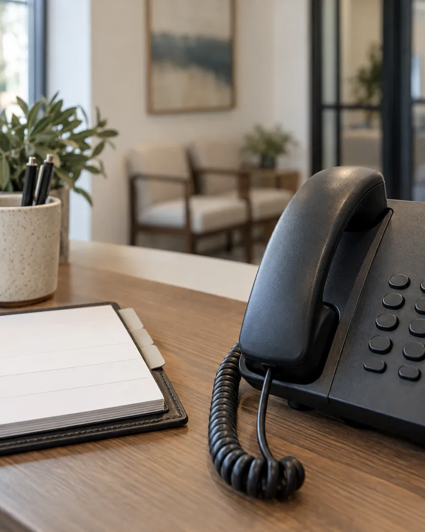 Unbranded office telephone beside a blank appointment pad in a defense firm's reception area