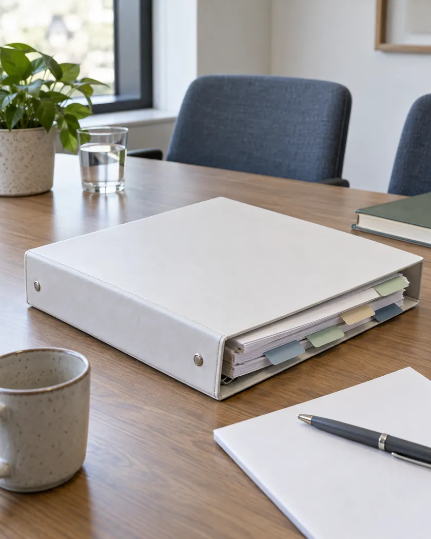 Closed matter binder on a consultation table with upholstered chairs