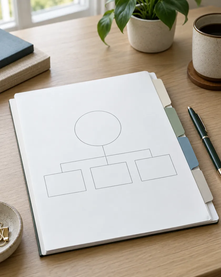 A blank family-and-business planning worksheet with simple section tabs, photographed portrait on an uncluttered desk