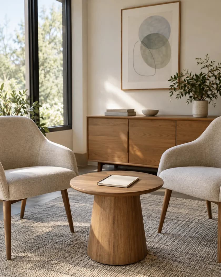 Two empty consultation chairs at equal height with a small notebook between them