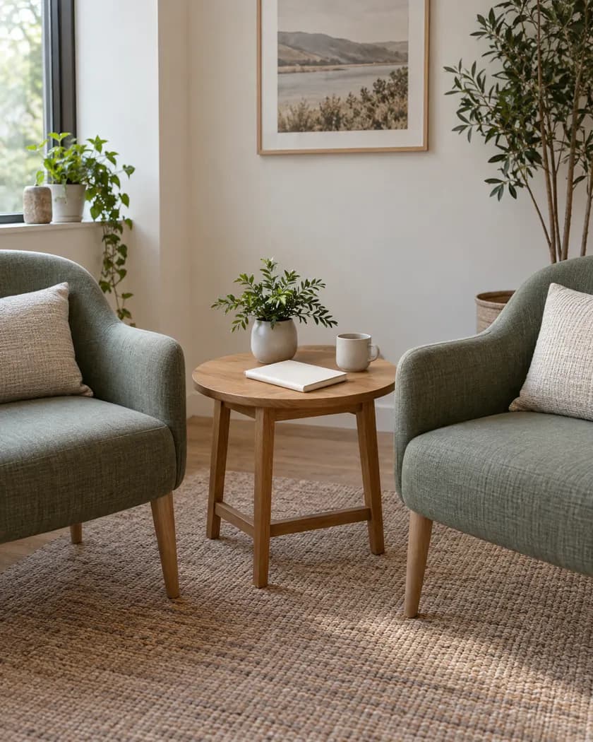 An empty consultation space with patient information and two chairs