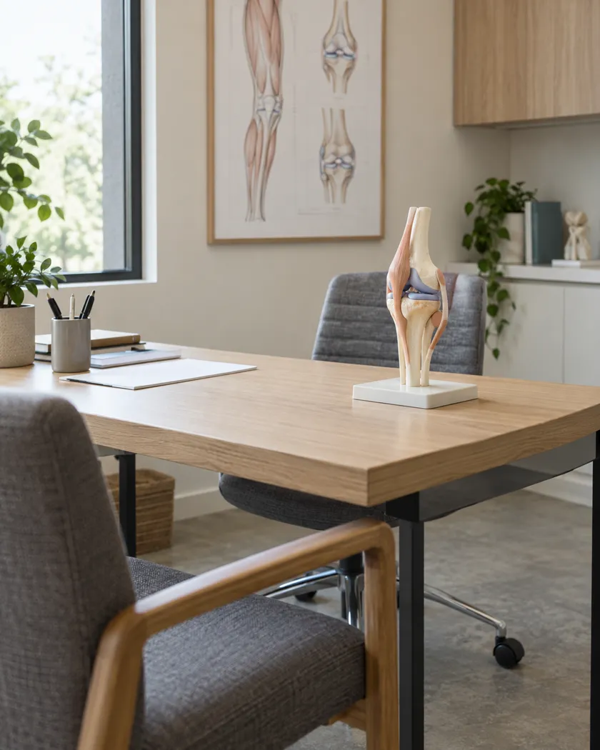 Empty specialty consultation room, two seats and a clean anatomical teaching model, soft daylight