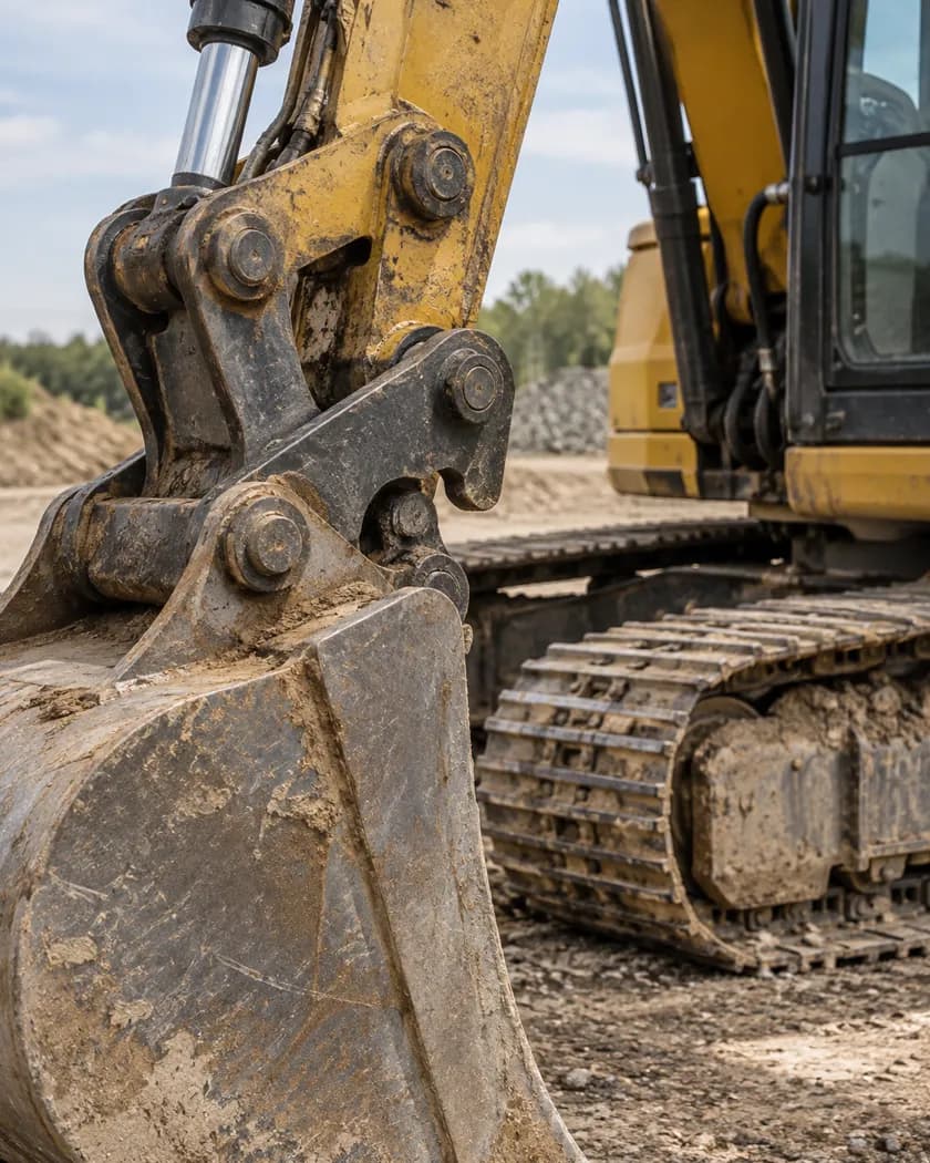 Excavator bucket and hydraulic assembly beside a tracked undercarriage