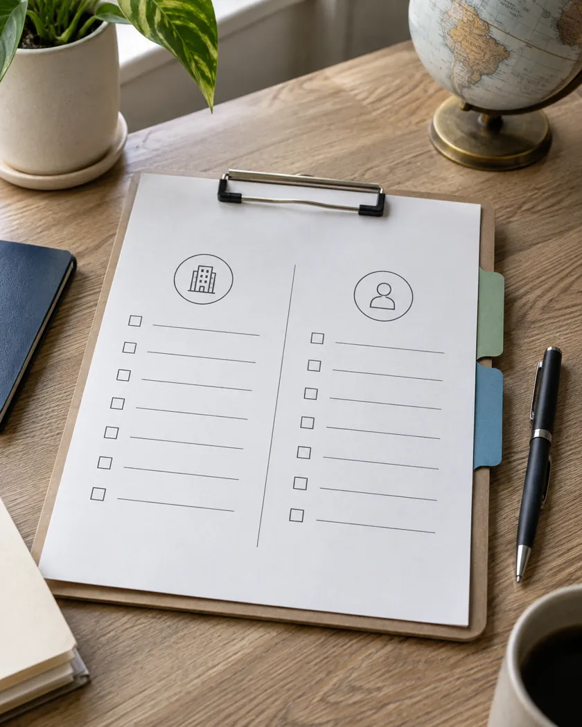Fictional consultation-preparation checklist with clearly separated employer and individual sections, on a neutral desk