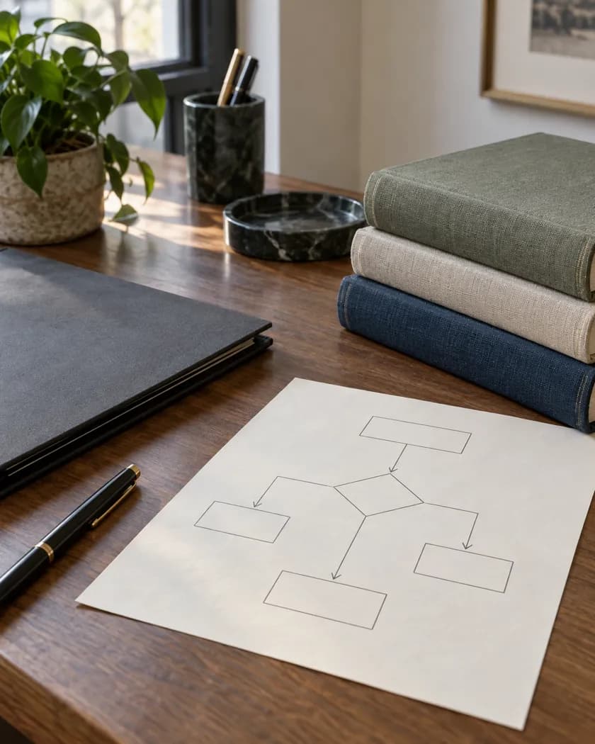 A planning sketch beside a closed folder and bound volumes on a desk