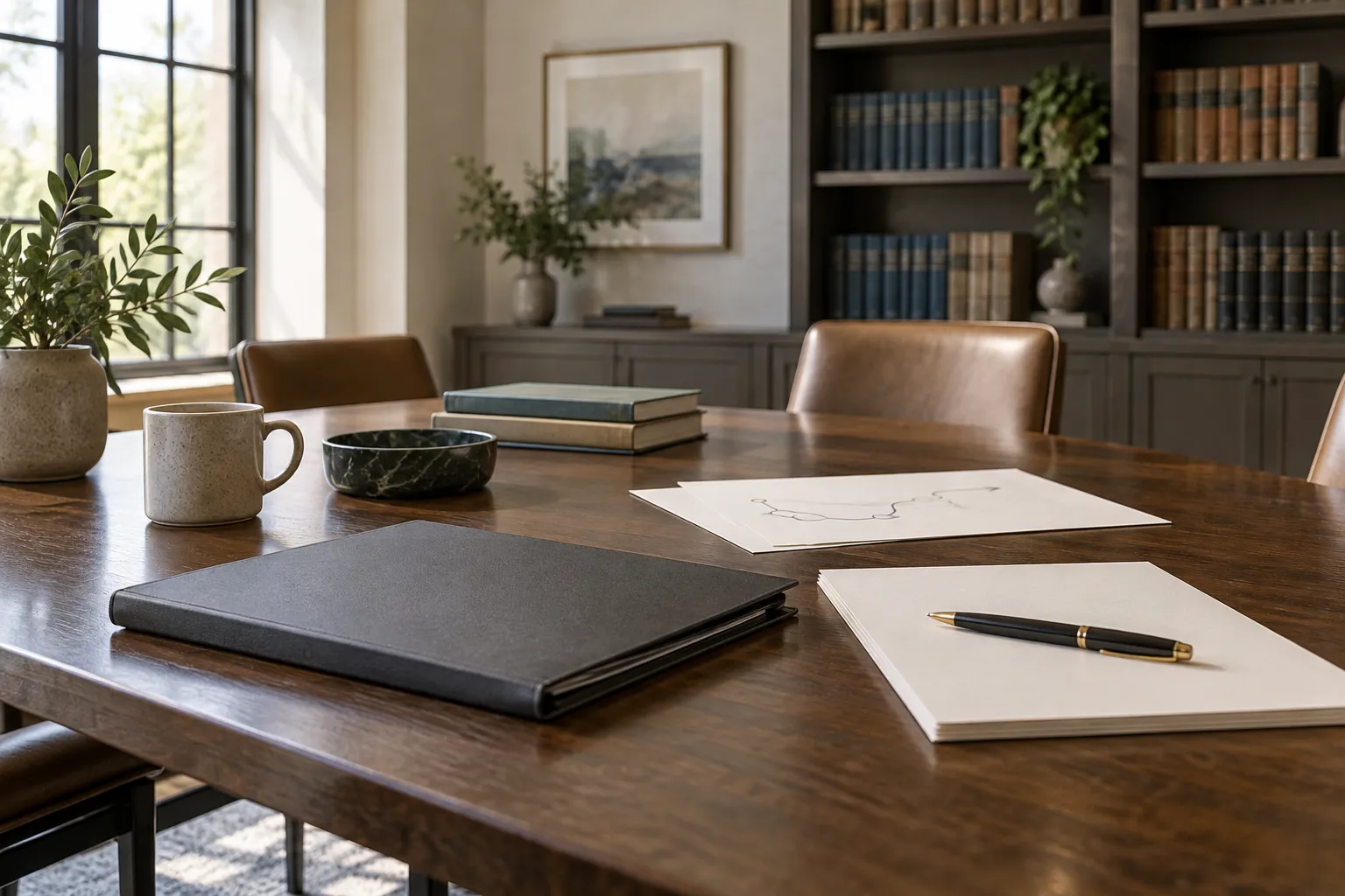 A closed matter folder and blank intake sketch on a warm conference table