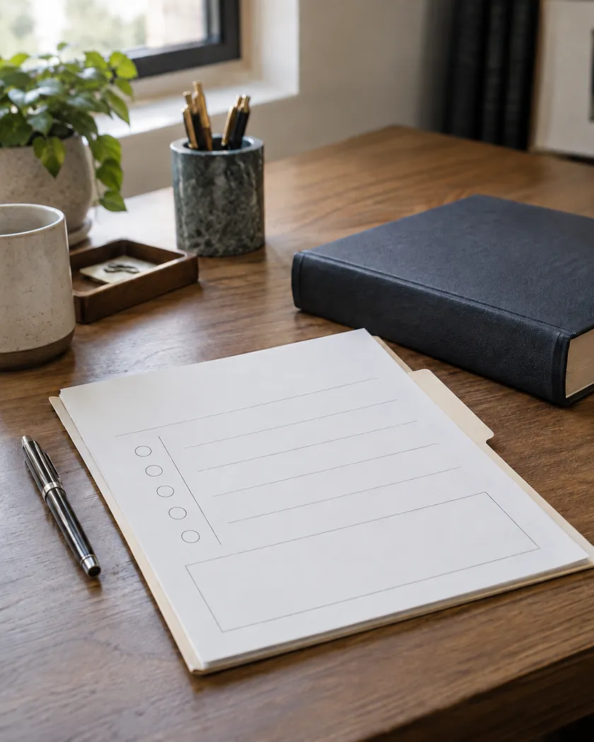 A blank intake decision sheet beside a closed, unbranded reference book on a conceptual law-office desk