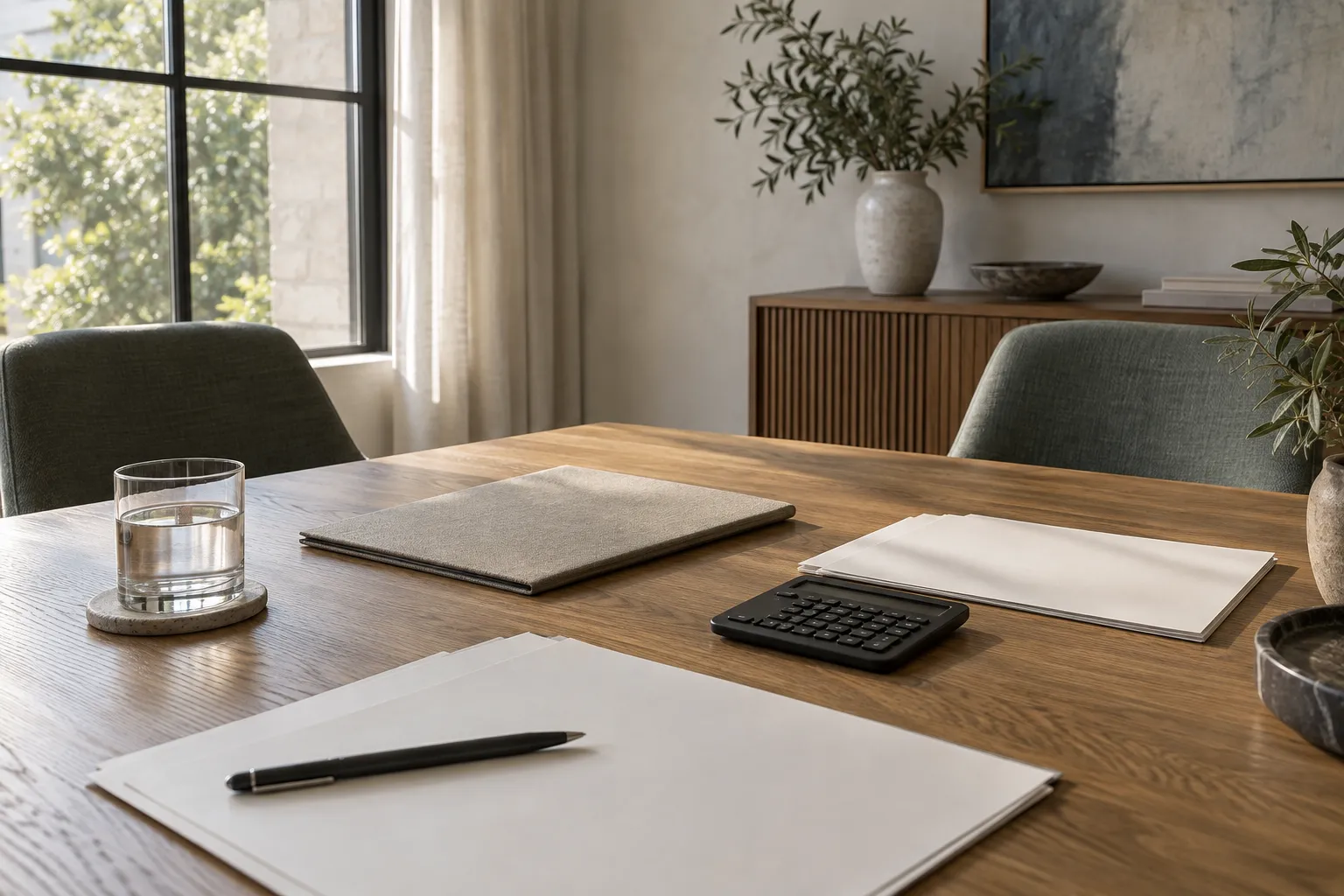Chairs around an advisory table with a closed folio and calculator