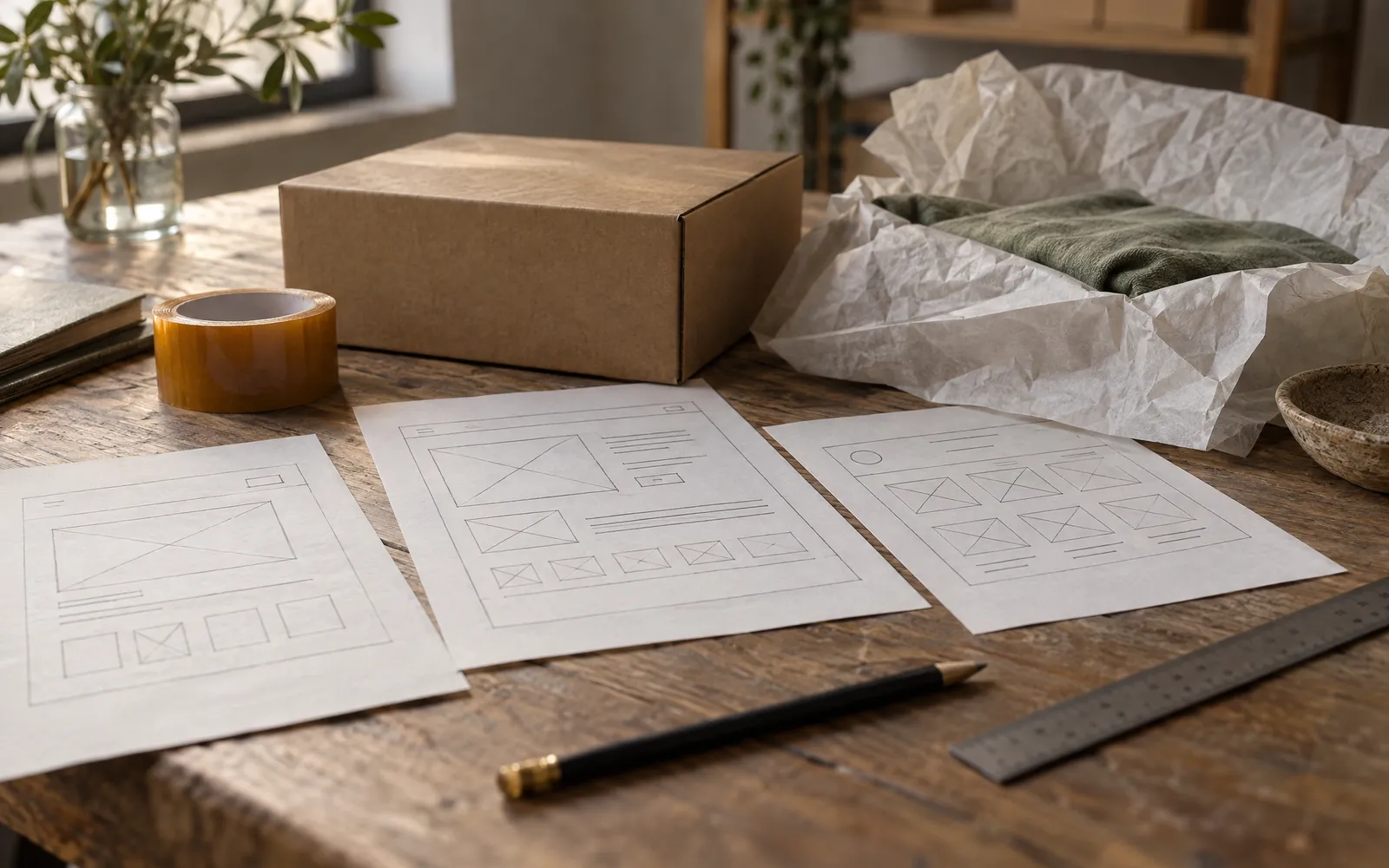 Page and landing-page planning materials on a studio desk
