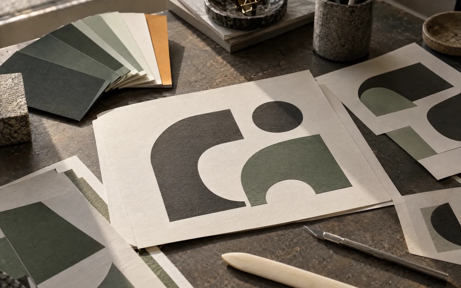 Brand identity studies and printed materials in the studio.