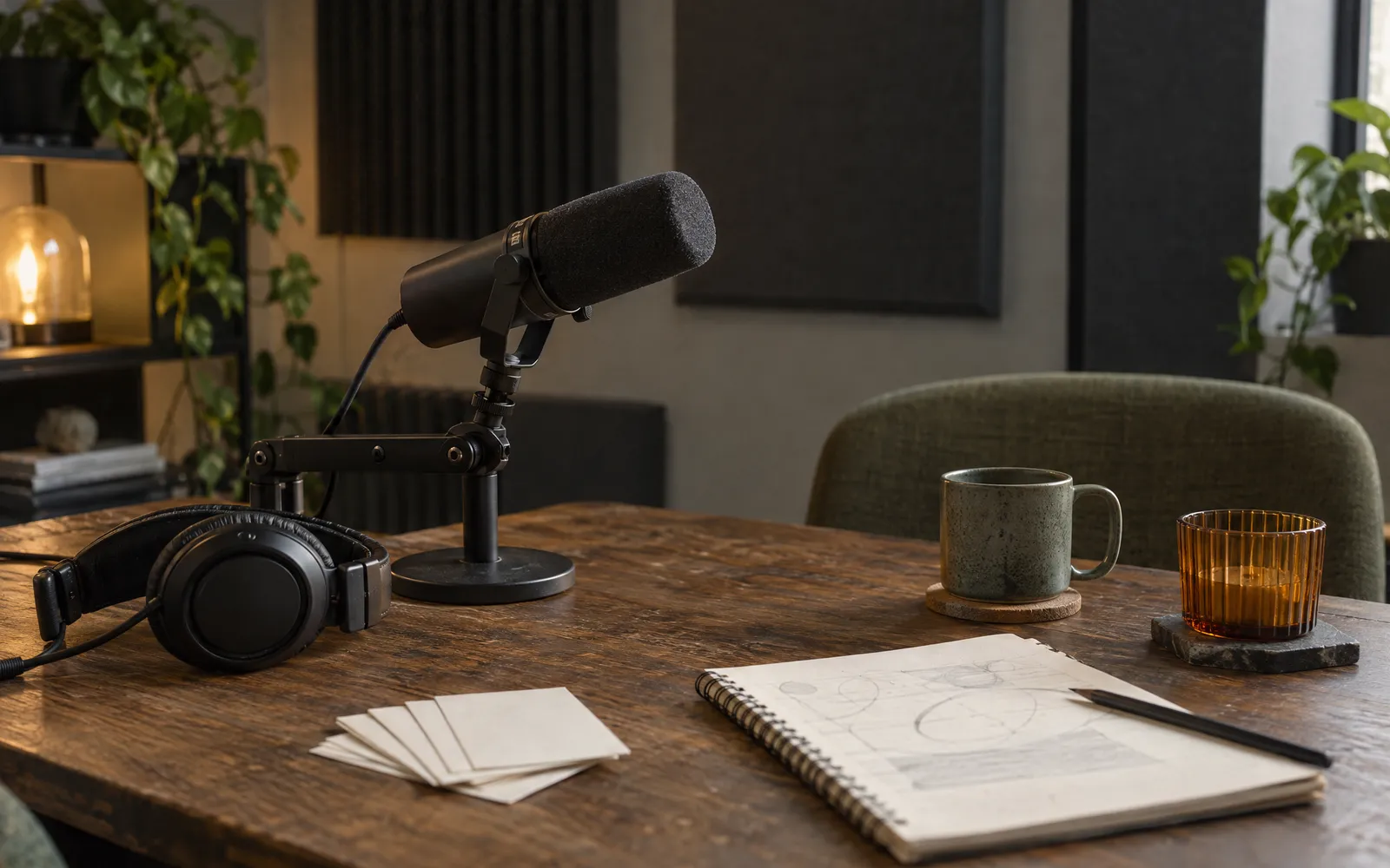 A microphone and headphones set out beside notes on a desk for capturing source material